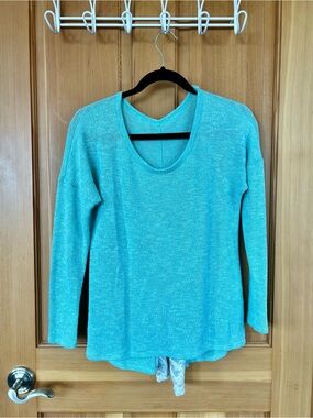 Light Teal Blue Scoop Neck Knit Women’s Sweater with Back Lace & Buttons